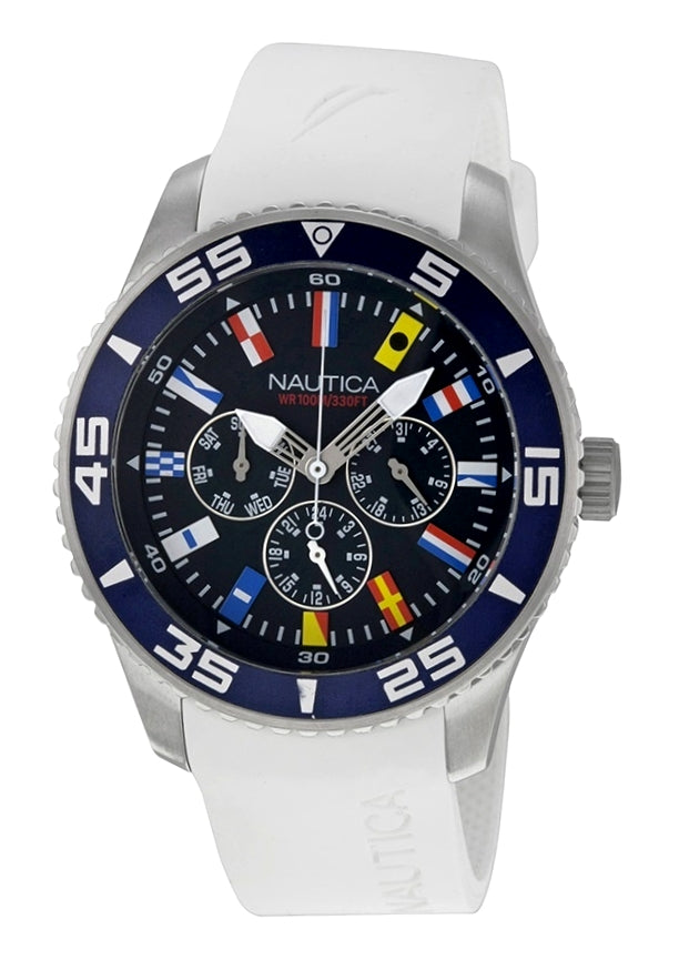 NAUTICA WATCHES Mod. NST 07 FLAGS - SEA - WATER FUN A12629G - BR POL SLV CASE - BLUE DIAL - MULTIFUNCTION - WHITE SILICONE - 44 mm