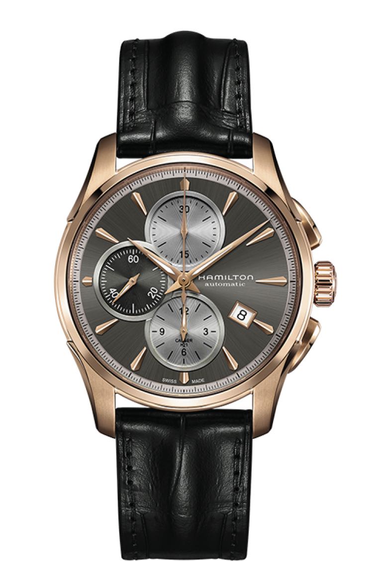 HAMILTON Mod.  JAZZMASTER AUTO CHRONO PVD ROSE GOLD ANTRACHITE DIAL BLACK LEATHER STRAP