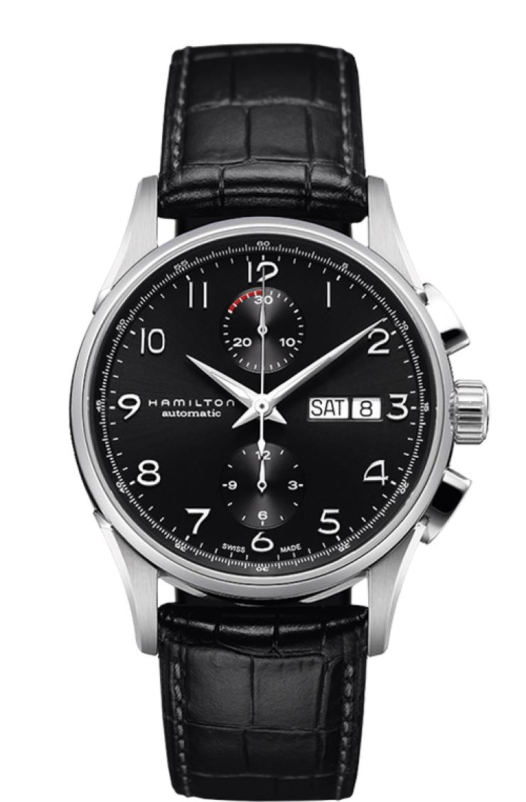 HAMILTON Mod.  JAZZMASTER MAESTRO AUTO CHRONO SS BLACK DIAL - BLACK LEATHER STRAP