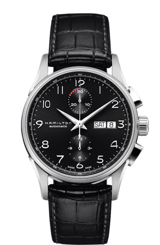 HAMILTON Mod.  JAZZMASTER MAESTRO AUTO CHRONO SS BLACK DIAL - BLACK LEATHER STRAP
