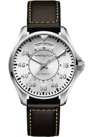 HAMILTON Mod.  KHAKI PILOT AUTO DAY DATE 42mm SILVER - BROWN LEATHER