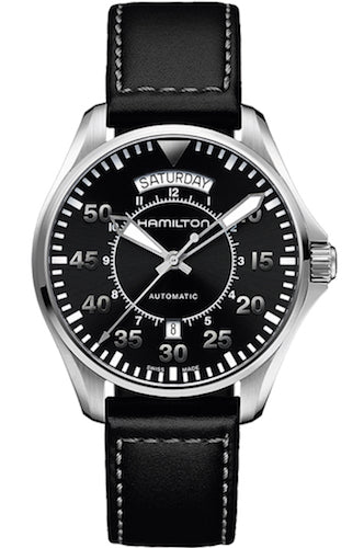 HAMILTON Mod.  KHAKI PILOT AUTO DAY DATE 42mm BLACK - BLACK LEATHER
