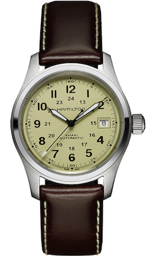 HAMILTON Mod.  KHAKI FIELD AUTO 38mm BEIGE-DARK BROWN-OIL LEATHER