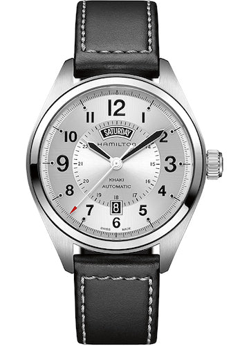 HAMILTON Mod.  KHAKI FIELD DAY DATE SILVER - BLACK LEATHER