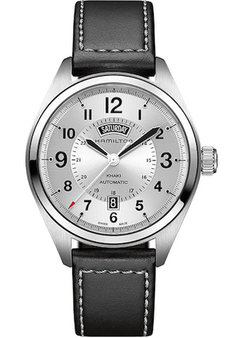 HAMILTON Mod.  KHAKI FIELD DAY DATE SILVER - BLACK LEATHER
