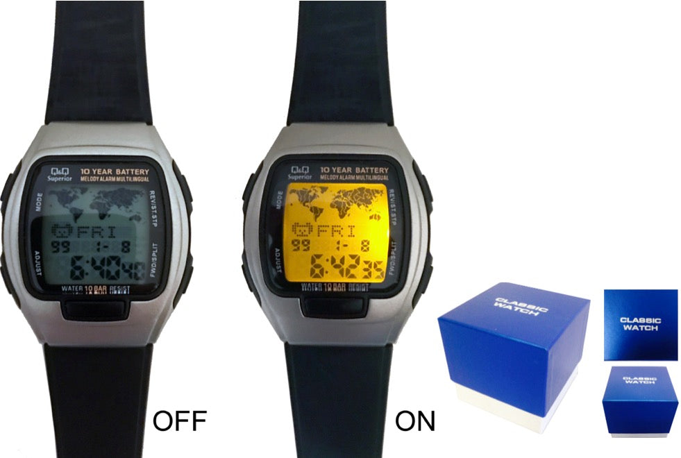Q&Q SPORT ALARM Mod. WORLD TIMER SPORT. MELODY ALARM. MULTILINGUAL. LIGHT Q&Q FASHION Mod. LADY CLASSIC SILVER NEUTRAL BOX
