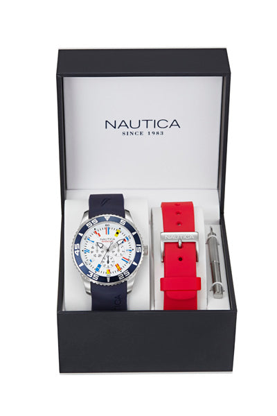 NAUTICA WATCHES Mod. NST 07 FLAG MULTI BOX SET - SEA - WATER FUN NAI13502G - BR POL SLV CASE - NAVY TOP RING - SILVER DIAL - MULTIFUNCTION - 44 mm