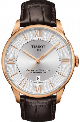 TISSOT Mod. CHEMIN DE TOURELLES POWERMATIC 80 - GENT-  PVD CASE -  WHITE DIAL  - LEATHER -DATA -  ROMAN INDEX - SWISS MADE